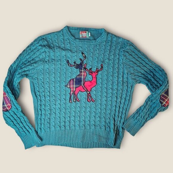 Spencers Naughty Reindeer Green Christmas Cable Knit Pullover Sweater XLarge - Picture 1 of 5